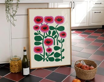 Colorful Poppies Wall Art, Maximalist Decor, Botanical Flower Printable Horizontal Poster Mothers Day Pink & Green Floral PNG Download