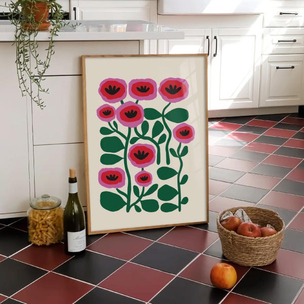 Colorful Poppies Wall Art, Maximalist Decor, Botanical Flower Printable Horizontal Poster Mothers Day Pink & Green Floral PNG Download