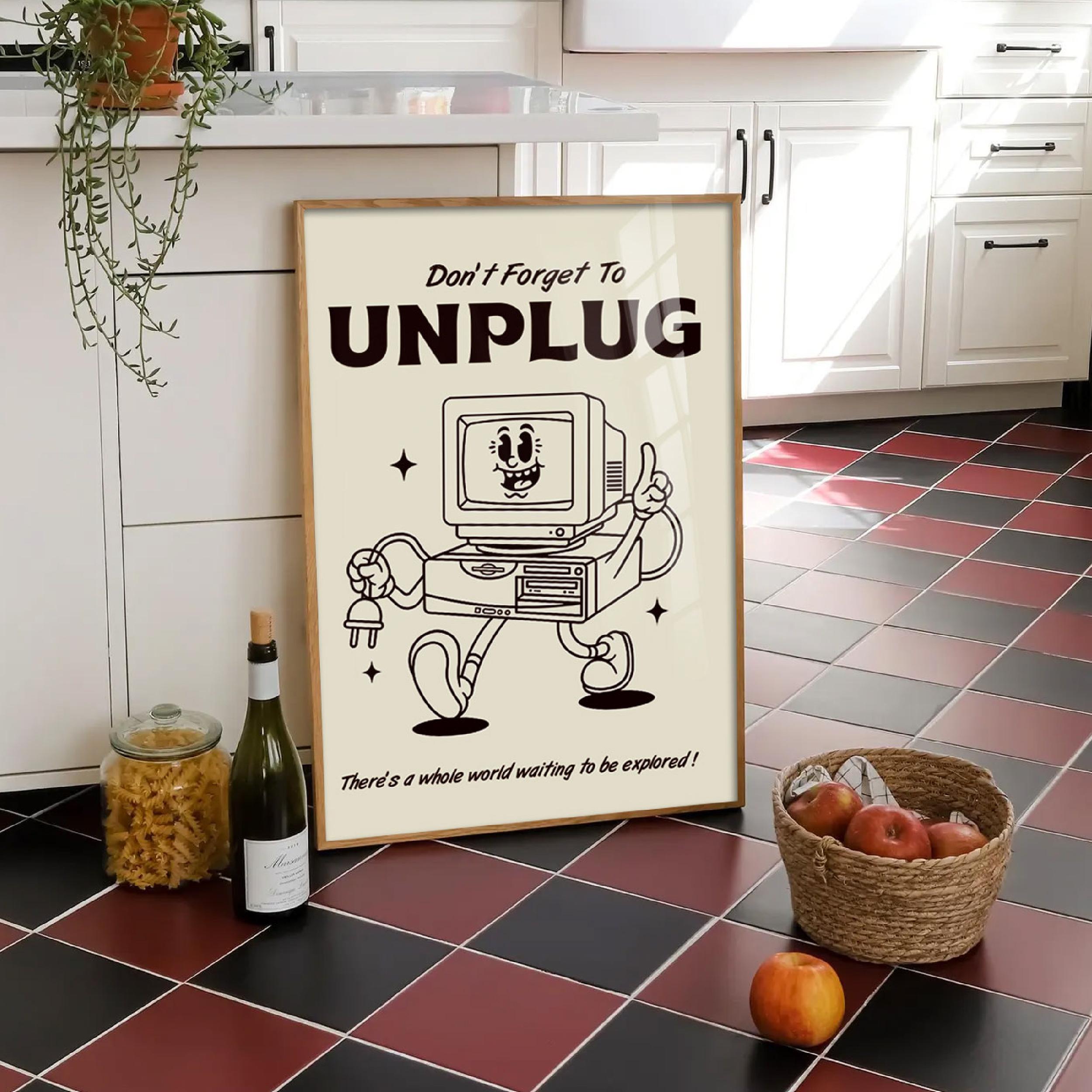 Unplug Print Retro Computer Illustration Wall Art, Vintage Tech Printable, Classroom Poster, Motivational Office Decor, PNG Digital Download