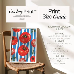 May include: A framed print of red tomatoes on a blue and white striped background. The print is available in a variety of sizes, including 4x6 inches, 6x8 inches, 8x10 inches, 12x16 inches, 16x20 inches, 20x30 inches, 24x36 inches, and 11x14 inches. The print is perfect for adding a touch of color and whimsy to any room.