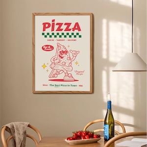 May include: A framed poster with a retro pizza design. The red and white graphic features a pizza slice character wearing sunglasses and a thumbs-up gesture. Text includes "PIZZA," "DINE IN - TAKEOUT - DELIVERY," and "Since - The Best Pizza In Town - 1981."