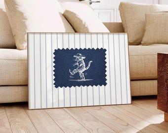 Whimsical Cowboy Cat Wall Art PNG, Vintage Striped Western, Navy Denim Cowboy Poster Retro Aesthetic Cottagecore Decor Horizontal Print