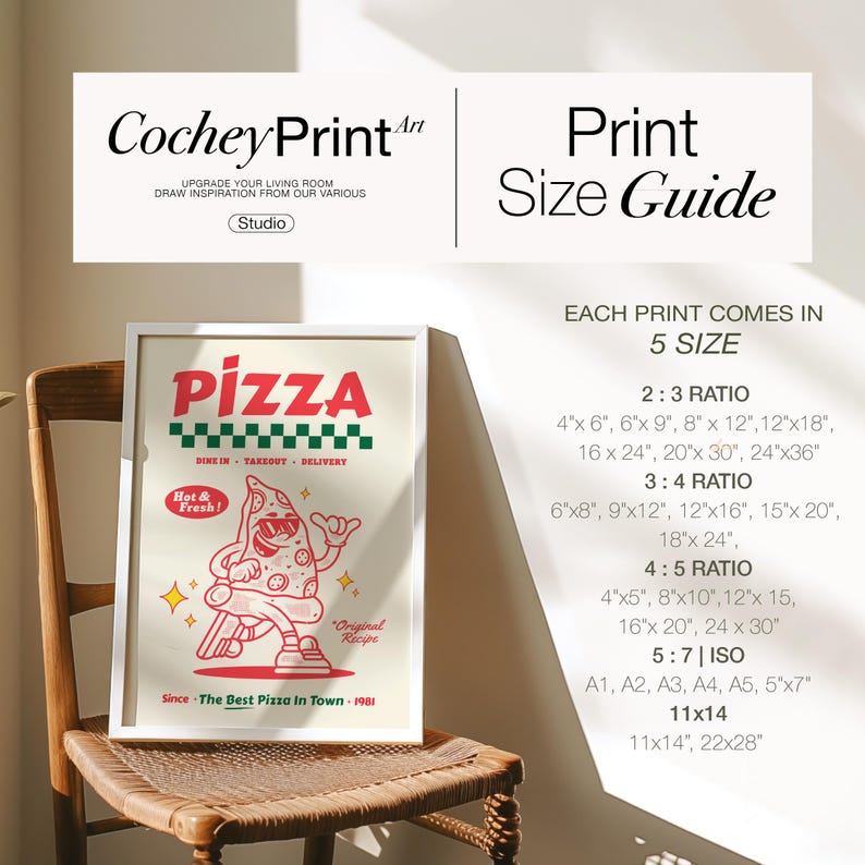 May include: A framed print featuring a retro pizza design with the word "Pizza" in red, green, and white. The print includes a cartoon pizza slice character and text that reads "Hot & Fresh!" and "Since The Best Pizza In Town - 1981". The print size guide is also visible.