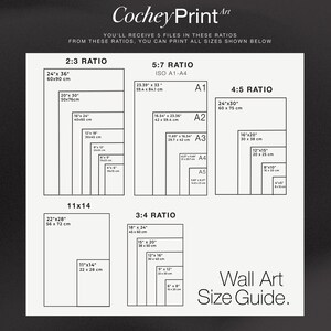 May include: A wall art size guide with different ratios and sizes in inches and centimeters. The guide includes 2:3, 5:7, 4:5, 11x14, and 3:4 ratios.