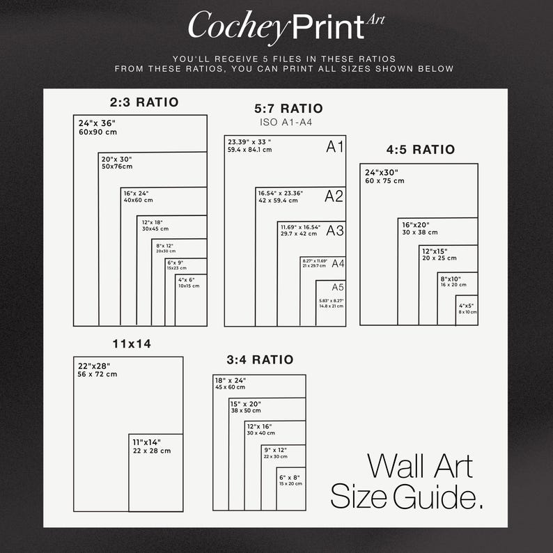 May include: A wall art size guide with different ratios and sizes in inches and centimeters. The guide includes 2:3, 5:7, 4:5, 11x14, and 3:4 ratios.