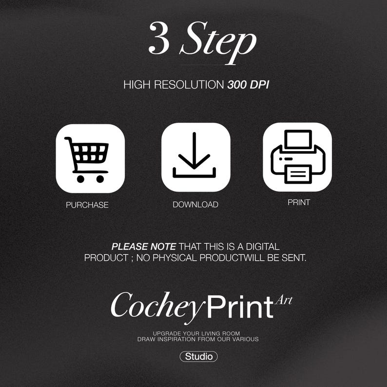 May include: Black graphic with white text and icons illustrating a 3-step process: purchase, download, and print. The text reads "3 Step" and "High Resolution 300 DPI." The image also includes the text "PLEASE NOTE THAT THIS IS A DIGITAL PRODUCT; NO PHYSICAL PRODUCT WILL BE SENT."