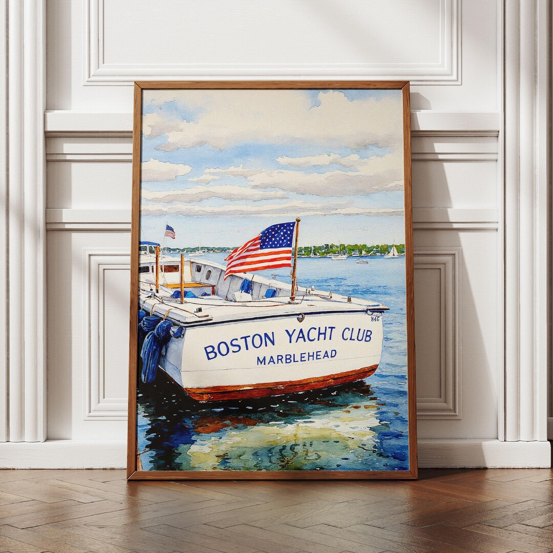 Watercolor Yacht American Flag Printable Art, Nautical Coastal Wall Art ...