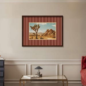 Art mural de carte postale paysage désertique rétro, Joshua Tree en Californie, décoration murale éclectique, collage technique mixte à rayures audacieuses, téléchargement numérique