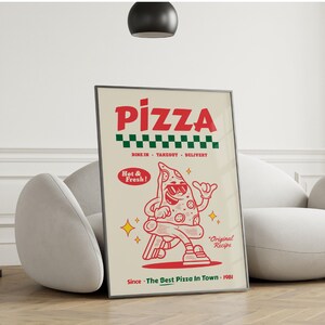May include: A framed poster with a retro pizza design. The word "PIZZA" is in red, above a green and white checkered pattern. A cartoon pizza slice with sunglasses is featured, with the text "Hot & Fresh!" and "Original Recipe". The text "Since - The Best Pizza In Town - 1981" is at the bottom.