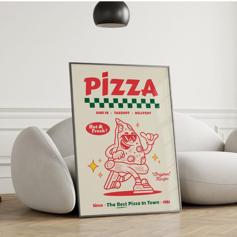 May include: A framed poster with a retro pizza design. The word "PIZZA" is in red, above a green and white checkered pattern. A cartoon pizza slice with sunglasses is featured, with the text "Hot & Fresh!" and "Original Recipe". The text "Since - The Best Pizza In Town - 1981" is at the bottom.