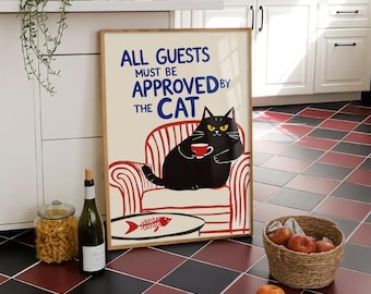 All Guests Must Be Approved by the Cat Wall Art, Funny Cat Quote PNG, Pet Lover Printable Decor, Humorous Home Decor, Digital Download