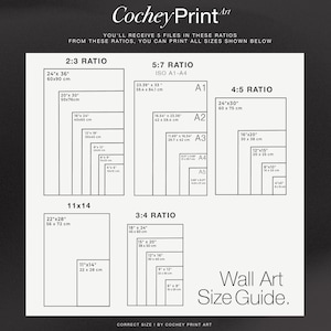 May include: A white wall art size guide with various print ratios and dimensions in inches and centimeters. The guide includes ratios like 2:3, 5:7, 4:5, 11x14, and 3:4, with corresponding sizes. The text "CocheyPrint Art" is at the top.