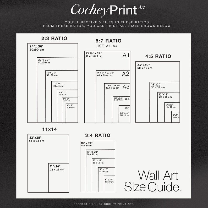 May include: A white wall art size guide with various print ratios and dimensions in inches and centimeters. The guide includes ratios like 2:3, 5:7, 4:5, 11x14, and 3:4, with corresponding sizes. The text "CocheyPrint Art" is at the top.