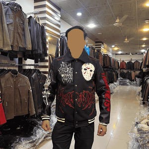 Chaqueta universitaria del viernes 13 / Chaqueta negra estilo Letterman