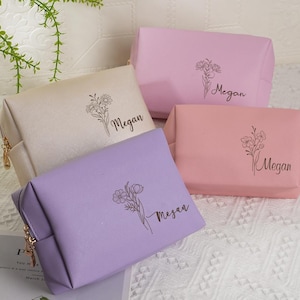 Custom Engraved Makeup Bag with Name – Personalized PU Leather Cosmetic Bag, Bridesmaid Proposal Gift, Wedding Party Toiletry Bag