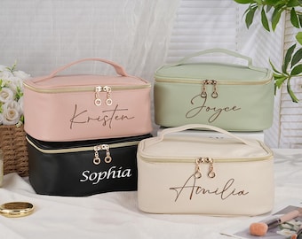 Neceser de maquillaje de piel vegana personalizado, neceser de viaje bordado