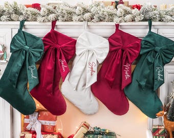Personalized Velvet Christmas Stocking, Embroidered Bow Stocking