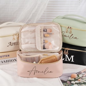 Large Capacity Personalized Leather Cosmetic Bag, Embroidered Toiletry Pouch for Bridesmaid Gift, Wedding, Bridal Shower, Gift for Her