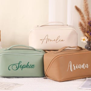 Custom Leather Embroidered Makeup Bag, Bridesmaid Gift, Large Cosmetic Organizer, Travel Makeup Bag, Gift for Her