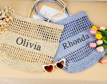 Bolso de playa de rafia bordado personalizado, regalo para dama de honor