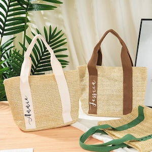 Straw Tote Bag with Initial Scarf, Small Personalized Bridesmaid Gift Bag, Custom Bachelorette Beach Tote, Wedding Favor Burlap Bag