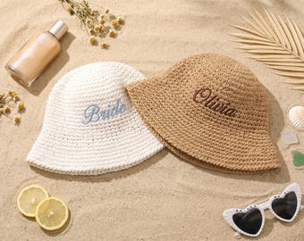 Cappello di paglia personalizzato, berretto da spiaggia ricamato per la sposa, accessorio da viaggio per addio al nubilato.
