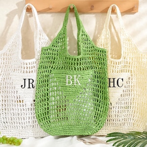 Bolso de playa de rafia bordado personalizado con inicial personalizada