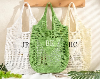 Bolso de playa de rafia bordado personalizado con inicial personalizada