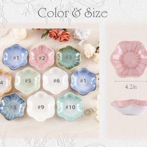 Pu&ograve; includere: Una collezione di dieci piatti in ceramica a forma di fiore in vari colori pastello, ciascuno con un numero unico. Un piatto rosa &egrave; mostrato con vista laterale e dall'alto, con un diametro di 10,67 cm. Il testo "Color & Size" &egrave; in alto.