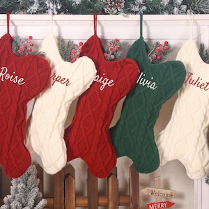 Personalized Knitted Dog Bone Christmas Stocking: Embroidered Pet Name