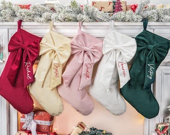 Embroidered Velvet Christmas Stocking with Bow, Personalized Family Gift