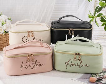 Bolsa de maquillaje de cuero vegano bordada a medida, regalo para dama de honor