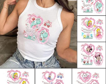 Coquette Bow All Cartoon Characters Baby Tee Crop Tank, Disney Coquette Shirt, Coquette Mario Yoshi Shirt, Girls Trip Shirt, Marie Minnie