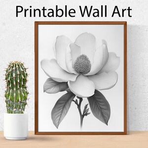 Arte de parede com flor de magnólia em preto e branco para impressão - Arte minimalista a lápis, decoração botânica elegante, desenho de flores, download digital 198
