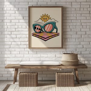 Arte de pared imprimible con vibraciones de verano retro / Ilustración linda de dibujos animados de sol y gafas de sol / Descarga digital 144