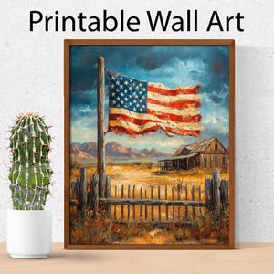 Vintage American Flag Painting - Rustic Country Scene, Patriotic Wall Art, Printable Farmhouse Decor, USA Flag Art, Digital Download 175