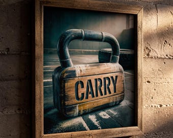 CARRY Kettlebell Wall Art Print – Rustic Industrial Gym Poster, Weightlifting Home Gym Decor, Crossfit Wall Art, Digital Download 221