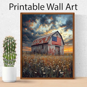 Rustic Barn with American Flag Painting - Printable Wall Art, Weathered Farmhouse Decor, Vintage Landscape, Digital Download 177