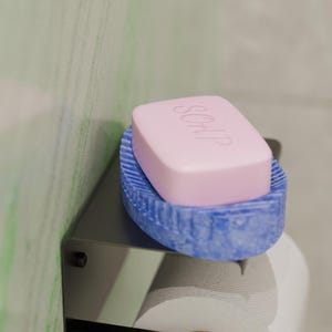 Puede incluir: Una pastilla de jabón rosa con la palabra "SOAP" en relieve descansa en un jabonera azul. La jabonera está sobre un estante de metal, con un rollo de papel higiénico debajo. El fondo es una pared verde claro y blanca.
