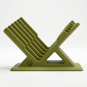 May include: Olive green dish rack with angled slots for plates and a separate section for utensils. The rack has a sturdy base and an X-shaped support structure, designed for efficient drying.