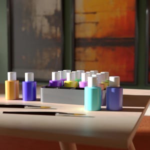 Pode incluir: Uma coleção de pequenos frascos de tinta coloridos com tampas brancas, dispostos em um organizador cinza sobre uma mesa de madeira. Vários pincéis também são visíveis. Os frascos são de várias cores, incluindo amarelo, azul e turquesa.