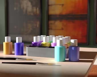 May include: A collection of small, colorful paint bottles with white caps, arranged in a gray organizer on a wooden table. Several paintbrushes are also visible. The bottles are various colors, including yellow, blue, and turquoise.