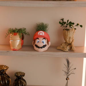 May include: Three character-themed planters on a shelf. The planters are shaped like Iron Man's helmet, Mario's head, and Groot. Each planter holds a small green plant. The Iron Man planter is gold and red, Mario's is flesh-toned with a red hat, and Groot's is wood-toned.