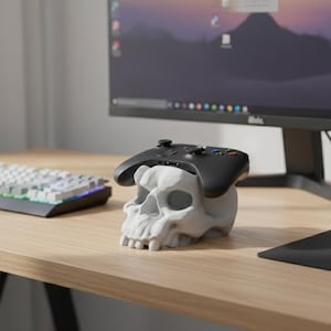 May include: A gaming setup featuring a light gray skull-shaped controller holder with a black controller resting on top. A keyboard, mouse, and monitor are also on the wooden desk.