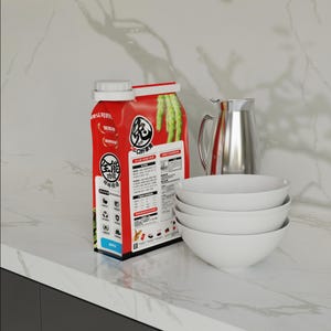 May include: A red and white carton with Chinese text, a silver jug, and a stack of four white bowls sit on a white countertop. The carton features green asparagus illustrations. The scene is set against a white marble-patterned wall.