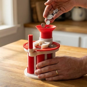 Peut inclure: Un trieur de pièces rouge et blanc avec un entonnoir en haut, conçu pour trier les pièces. Une main est montrée en train de déposer des pièces dans l'entonnoir. Le trieur est sur une table en bois.