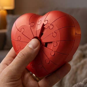 Op de afbeelding: Een felrood hartvormig object opgebouwd uit meerdere in elkaar grijpende puzzelstukjes. Het oppervlak van het hart heeft een duidelijke textuur met zichtbare lijnen van de assemblage van de individuele segmenten die samen de volledige vorm vormen.