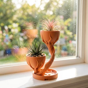 Puede incluir: Un soporte para macetas de color terracota con dos recipientes en forma de cuenco sostenidos por una estructura retorcida similar a un árbol. El cuenco inferior contiene una suculenta rayada verde y blanca, y el superior una planta de aire.