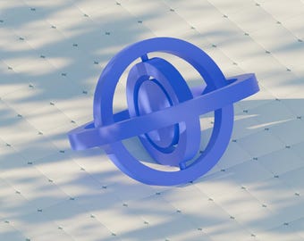 Könnte beinhalten: Eine blaue geometrische Skulptur mit drei konzentrischen Ringen und einem umlaufenden Band. Das Objekt ist eine solide, dreidimensionale Form, die auf einer weißen, gefliesten Oberfläche mit Schatten liegt.