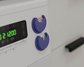 May include: Close-up of a white appliance with a digital display showing green numbers. Two purple, curved control knobs are on the right side. The top knob has a red indicator.
